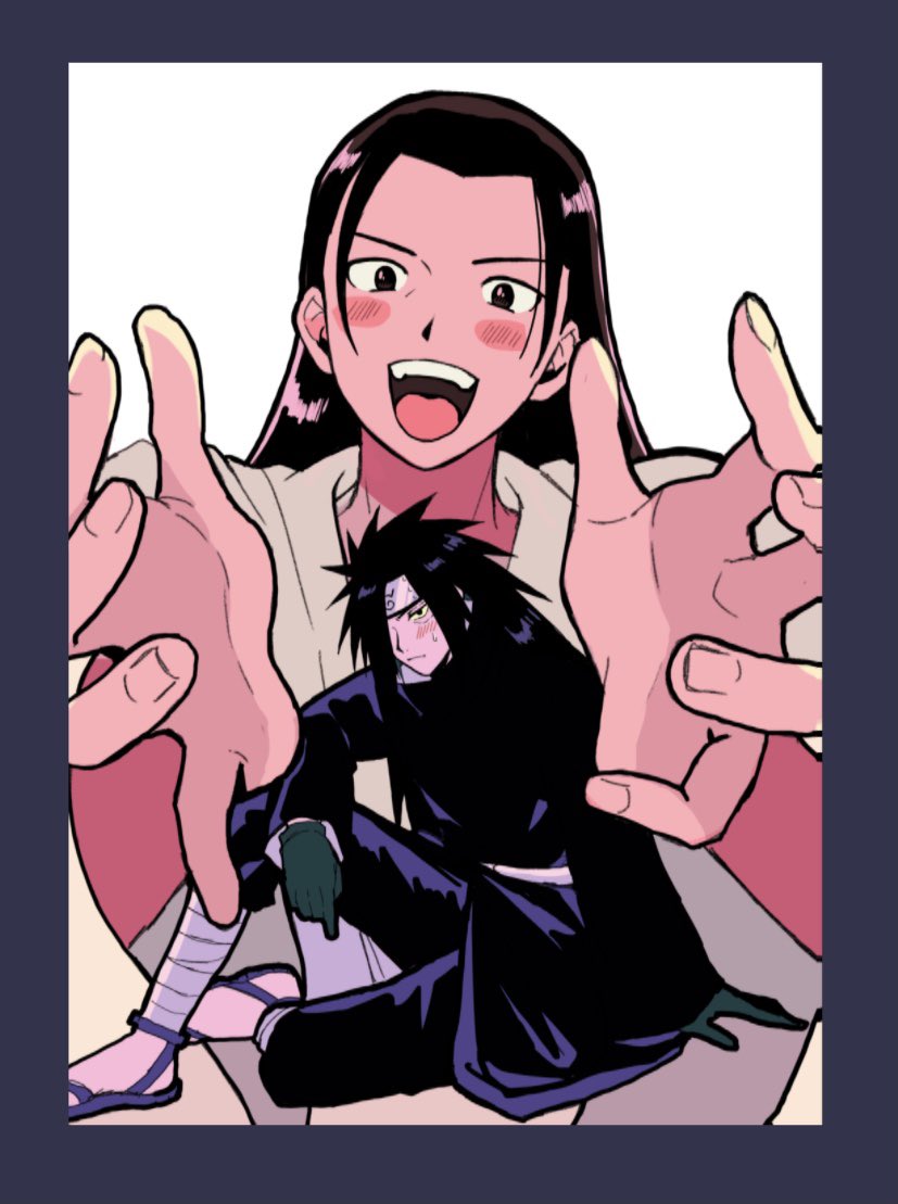 senju tobirama, uchiha madara, naruto (series), naruto shippuuden, commentary request, 2boys, bandaged leg, bandages, black hair, black headband, black jacket, black pants, blue border, blush, border, brown hair, full body, gloves, hair over one eye, headband, hipstep jumping, jacket, konohagakure symbol, long hair, male focus, multiple boys, open mouth, outstretched arms, pants, parted bangs, sharp teeth, sitting, smile, sweatdrop, teeth, upper body, white background