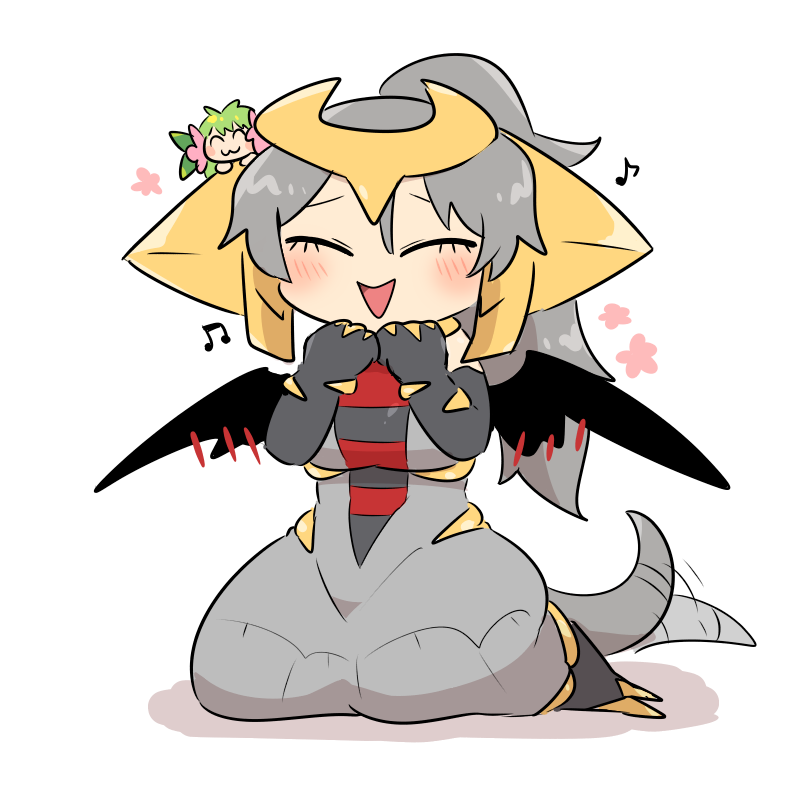 kasugai (de-tteiu), giratina, giratina (altered), maiden (kasugai (de-tteiu)), nasya (kasugai (de-tteiu)), shaymin, shaymin (land), nintendo, pokemon, commentary, 2girls, :3, black wings, blush stickers, dragon tail, dress, elbow gloves, fake horns, flower, flower symbol, gen 4 pokemon, gloves, green hair, grey dress, grey hair, hair flower, hair ornament, horned headwear, horns, kneeling, legendary pokemon, mini person, minigirl, multiple girls, musical note, mythical pokemon, on head, person on head, personification, sleeveless, sleeveless dress, striped clothes, striped dress, tail, tail wagging, white background, wings