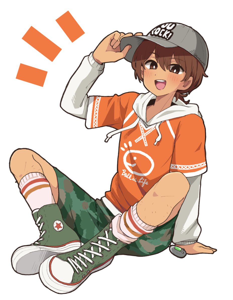 doroidsan, kel (birthday) (omori), kel (faraway) (omori), kel (omori), omori, 1boy, adjusting clothes, adjusting headwear, arm up, baseball cap, black eyes, blush, bright pupils, brown hair, camouflage, camouflage shorts, dark-skinned male, dark skin, green shoes, grey hat, hat, hood, hood down, hoodie, long sleeves, looking at viewer, male focus, official alternate costume, open mouth, orange hoodie, shoes, short hair, shorts, simple background, smile, sneakers, socks, solo, teeth, twitter username, upper teeth only, white background, white pupils, white socks