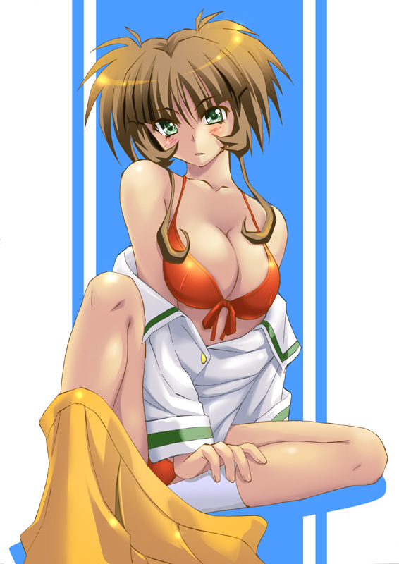 shiruko (inosin), ichimonji akane, original, tokimeki memorial, tokimeki memorial 2, 1girl, bikini, bra, brown hair, female focus, green eyes, lingerie, panties, school uniform, serafuku, short hair, solo, swimsuit, underwear, undressing