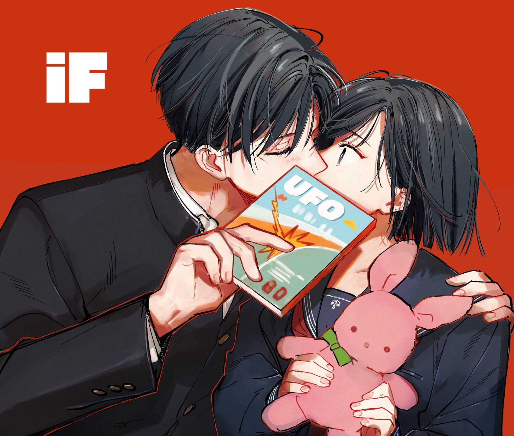 fox mask (silent hill), shimizu hinako, silent hill (series), silent hill f, commentary, highres, symbol-only commentary, 1boy, 1girl, arm around shoulder, black hair, black jacket, black sailor collar, black serafuku, black shirt, closed eyes, collared shirt, couple, facial scar, gakuran, hair between eyes, hetero, holding, holding stuffed toy, jacket, kiss, moochi zatsu, necktie, red background, red necktie, sailor collar, scar, scar on cheek, scar on face, school, school uniform, serafuku, shirt, short hair, stuffed animal, stuffed rabbit, stuffed toy, upper body, white shirt, wide-eyed