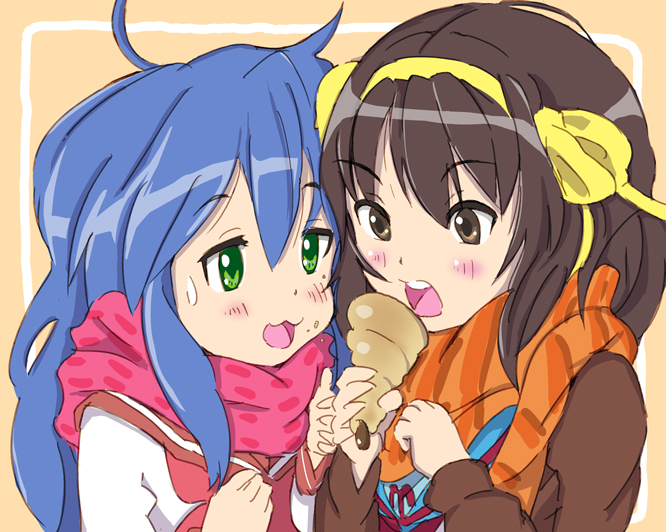 af1090, hirano aya, izumi konata, suzumiya haruhi, lucky star, suzumiya haruhi no yuuutsu, bad id, bad pixiv id, 00s, 2girls, ahoge, blue hair, blush, brown eyes, brown hair, cardigan, chocolate cornet, crossover, food, green eyes, hairband, long hair, mole, mole under eye, multiple girls, scarf, school uniform, serafuku, short hair, voice actor connection