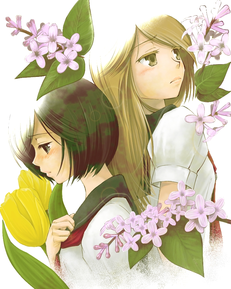 censored (artist), kumakura mariko, oohashi akiko, girl friends (manga), bad id, bad pixiv id, 2girls, black hair, flower, long hair, multiple girls, school uniform, short hair