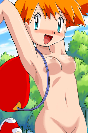 pokemoa, misty (pokemon), nintendo, pokemon, pokemon (anime), pokemon (classic anime), lowres, nude filter, third-party edit, 1girl, backpack, bag, blush, breasts, brown hair, female focus, hat, jumping, multiple girls, nature, nipples, no pussy, nude, open mouth, outdoors, pussy, randoseru, short hair, sky, small breasts, smile, solo, zenra