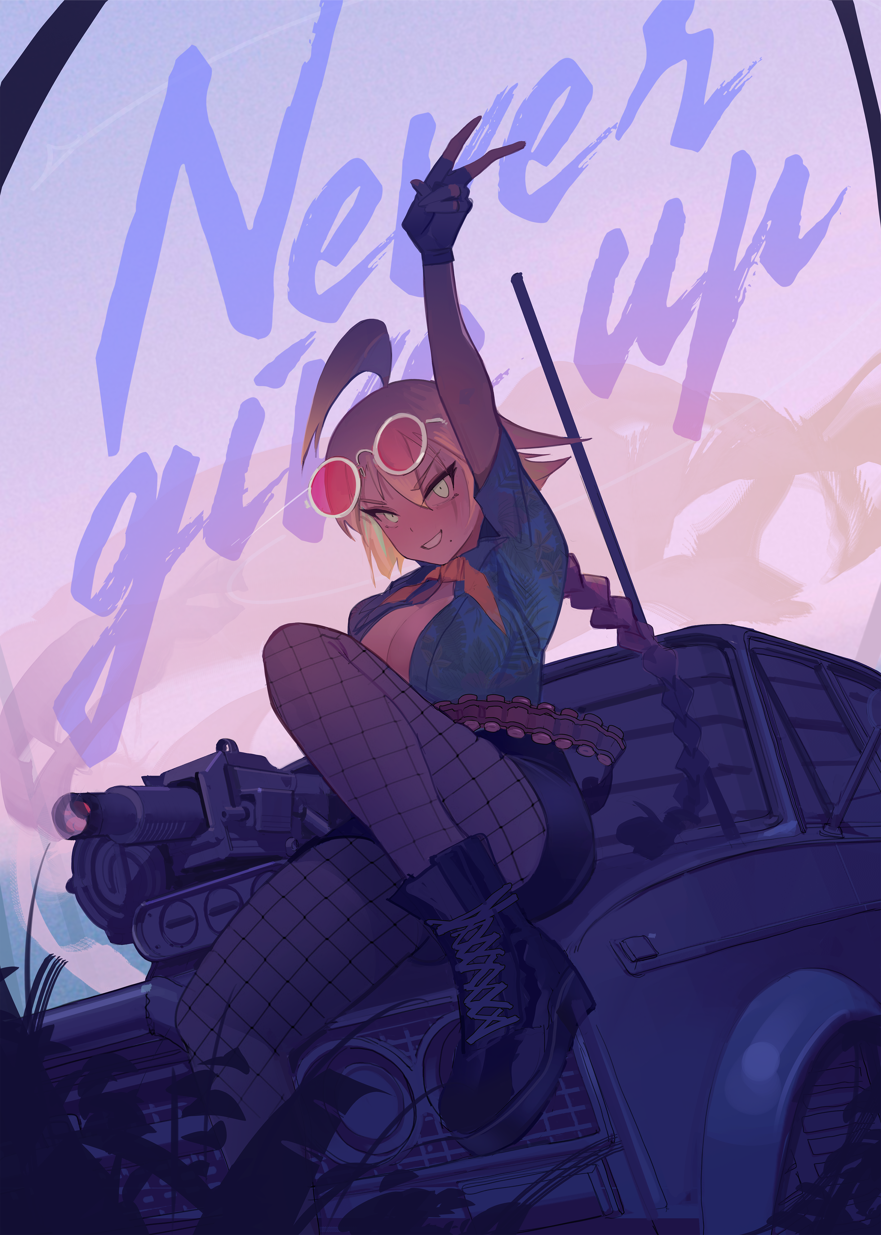 polilla, absurdres, commentary, english commentary, highres, ammunition belt, arm up, blonde hair, boots, braid, braided ponytail, breasts, car, cleavage, english text, fingerless gloves, fishnets, gaslands, gloves, green eyes, gun, large breasts, motor vehicle, orange-tinted eyewear, round eyewear, smoke, smoking barrel, tinted eyewear, v, weapon, yellow-framed eyewear
