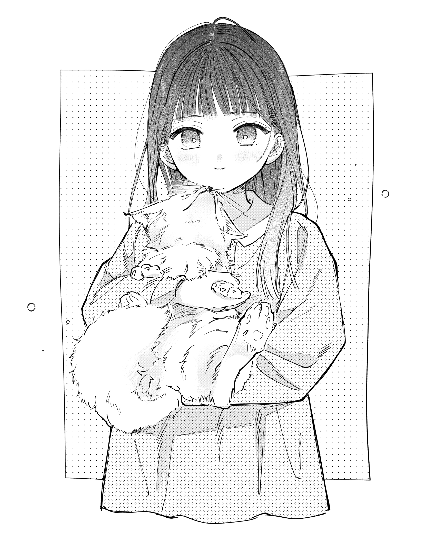 shimizu hinako, silent hill (series), silent hill f, commentary, highres, symbol-only commentary, aged down, animal, blunt bangs, border, closed mouth, collared dress, cowboy shot, dress, fox, greyscale, hime cut, holding, holding animal, holding paw, light blush, light smile, long hair, long sleeves, looking at viewer, monochrome, moochi zatsu, upper body, white border