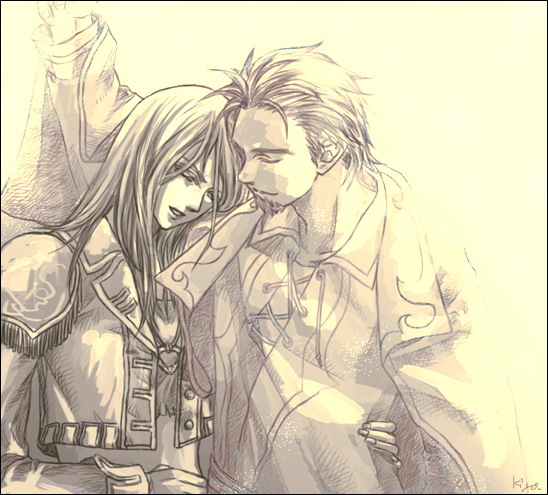 broken-land, kika, edgar (suikoden), kika (suikoden), gensou suikoden, gensou suikoden iv, konami, rhapsodia, bad id, bad pixiv id, 1boy, 1girl, closed eyes, couple, hetero, hug, long hair, monochrome, yellow theme