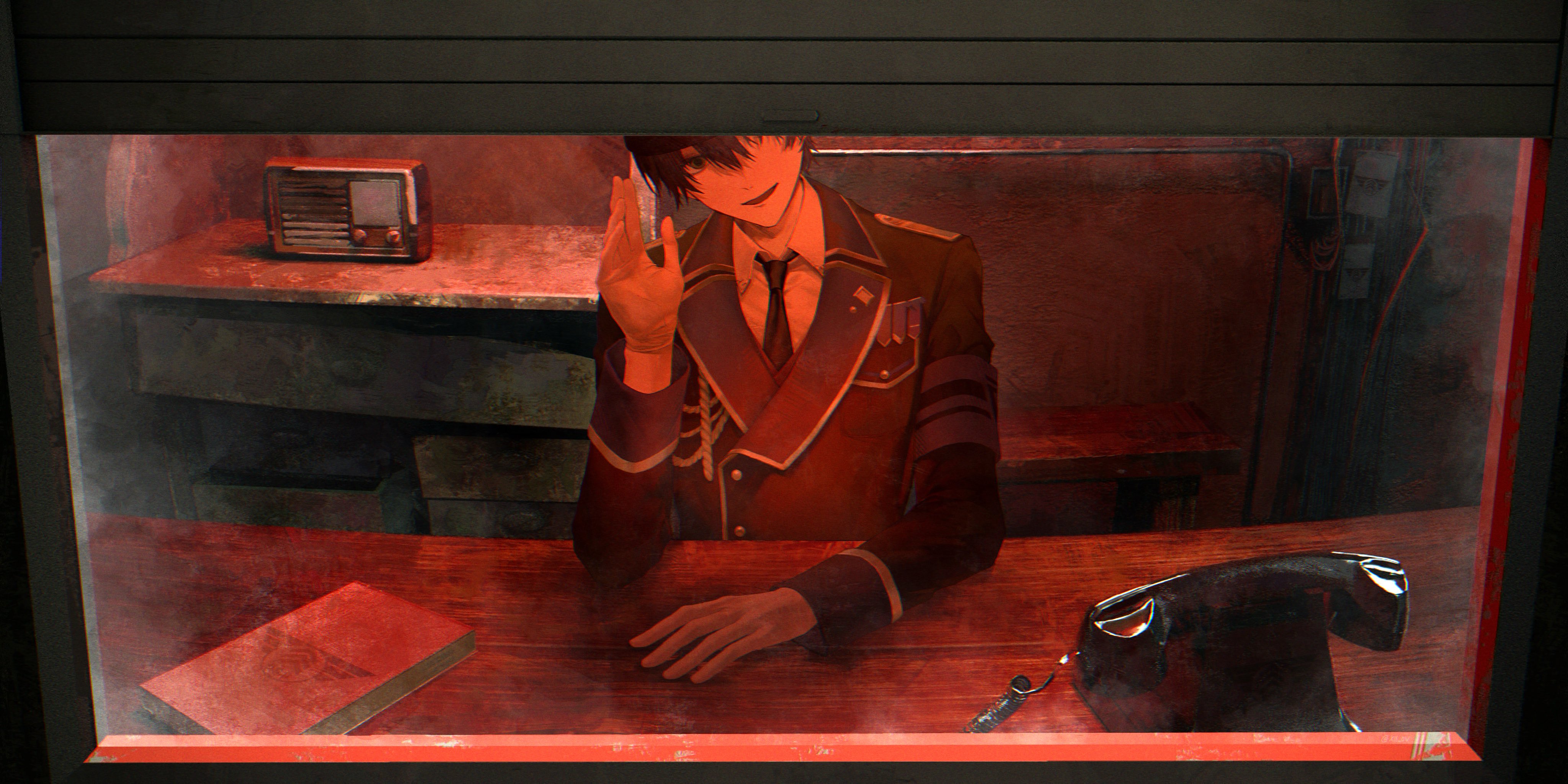 kenmochi touya, nijisanji, that's not my neighbor, absurdres, commentary, english commentary, highres, 1boy, aiguillette, antique phone, armband, bench, black hat, black jacket, black necktie, book, cable, clothes rack, collared shirt, contrast lapels, double-parted bangs, elbow on table, empty eyes, gloves, green eyes, hair between eyes, hand up, hat, head tilt, indoors, jacket, kenmochi touya (11th costume), lapel pin, lapels, male focus, military jacket, necktie, one eye covered, phone, purple armband, purple hair, radio, rope, rotary phone, shirt, short hair, shoulder boards, sitting, smile, solo, table, upper body, virtual youtuber, waving, white gloves, white shirt, wing collar, wooden table, xll 0v