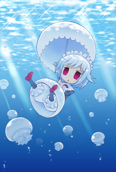 akitsu, akitsu mikami, original, 1girl, :<, bloomers, empty eyes, female focus, jellyfish, maid, maid headdress, personification, purple eyes, short hair, solo, umbrella, underwater, underwear