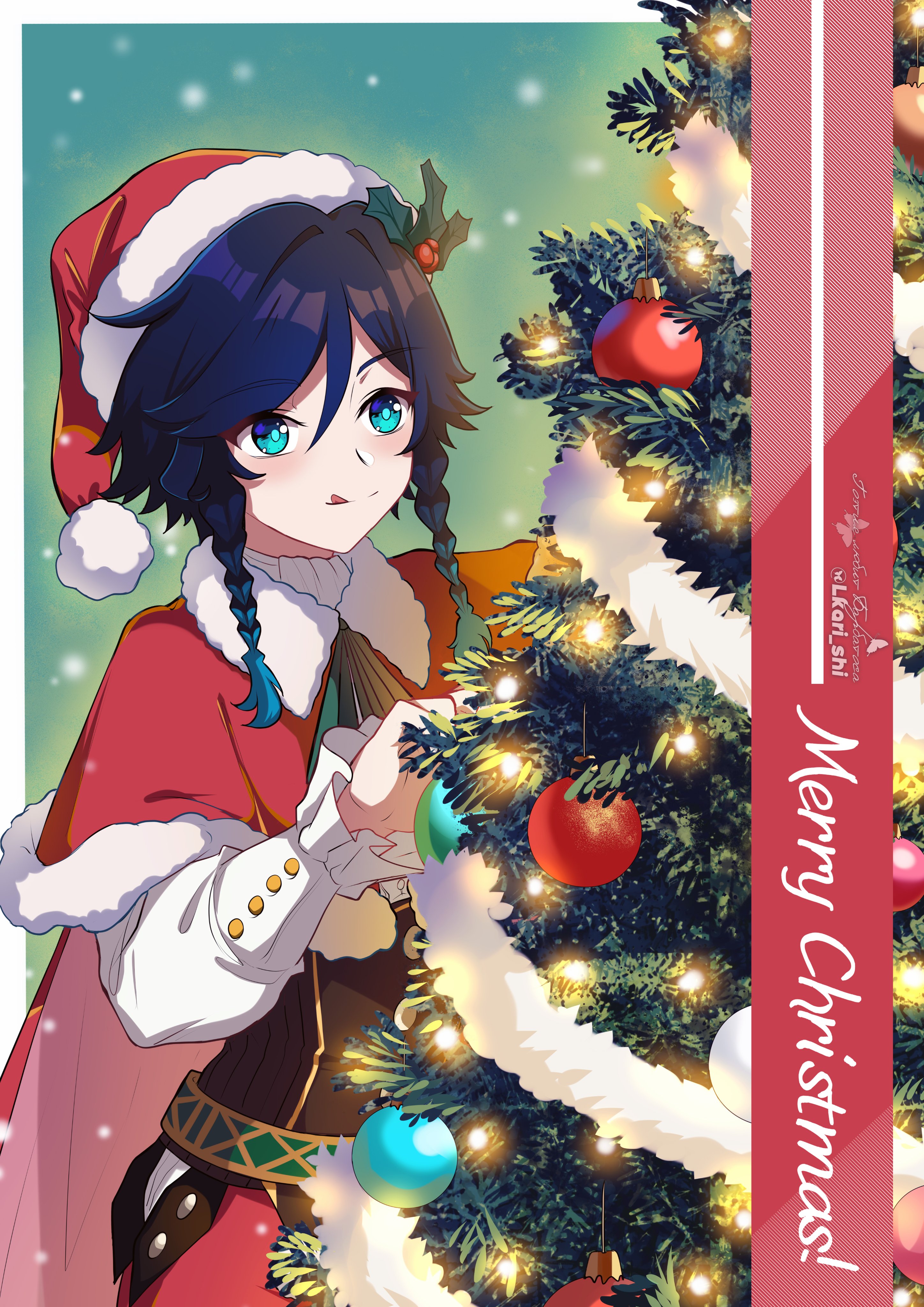 lkari shi, venti (genshin impact), genshin impact, absurdres, commentary, english commentary, highres, 1boy, alternate color, alternate costume, androgynous, aqua background, aqua eyes, aqua pupils, artist name, ascot, baggy shorts, belt, black hair, blue hair, blush, border, braid, brown corset, buttons, cape, christmas, christmas lights, christmas ornaments, christmas tree, closed mouth, collared cape, corset, cowboy shot, decorating, english text, fur-trimmed cape, fur-trimmed headwear, fur trim, garland (decoration), gradient hair, green ascot, green belt, hair between eyes, hair ornament, hands up, hat, long sleeves, looking at object, male focus, merry christmas, mistletoe, multicolored hair, outside border, pom pom (clothes), puffy long sleeves, puffy sleeves, red cape, red hat, red shorts, santa hat, shirt, short hair, shorts, signature, smile, snow, solo, standing, tongue, tongue out, twin braids, white border, white shirt