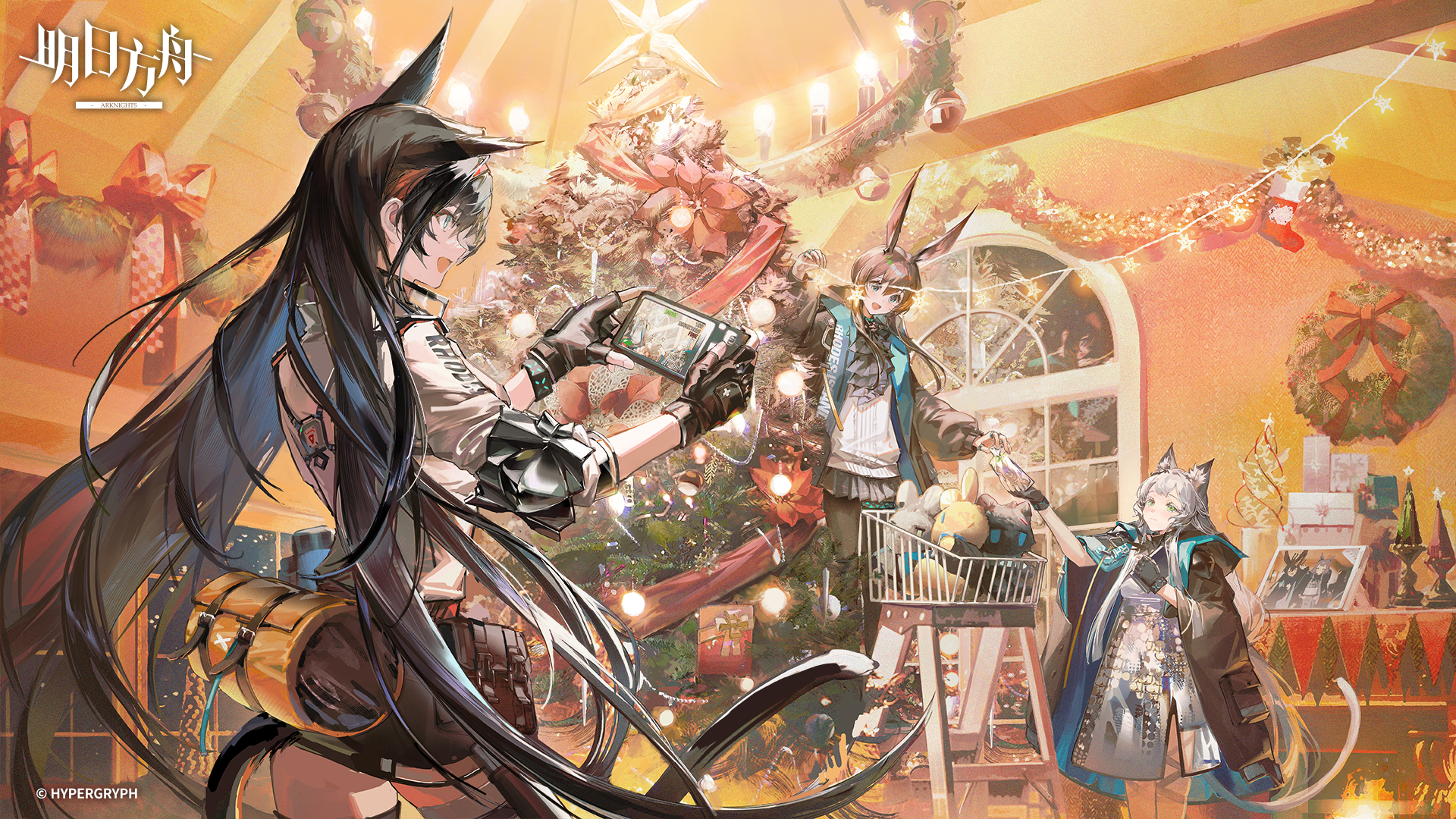 amiya (arknights), blaze (arknights), infection monitor (arknights), rosmontis (arknights), arknights, chinese commentary, commentary request, highres, official art, 3girls, animal ears, ascot, black ascot, black gloves, black hair, black jacket, black pantyhose, black skirt, blue eyes, blue jacket, brown hair, camera, cat girl, chandelier, christmas, christmas lights, christmas stocking, christmas tree, copyright logo, copyright notice, decorating christmas tree, dress, fingerless gloves, gloves, holding, holding camera, jacket, ladder, leg ribbon, logo, long hair, long sleeves, multiple girls, off-shoulder jacket, off shoulder, oversized jacket, pantyhose, photo (object), puffy long sleeves, puffy sleeves, rabbit girl, ribbon, silver dress, skirt, stepladder, sweater, tail, taking picture, thigh ribbon, thighhighs, two-sided fabric, two-sided jacket, very long hair, white hair, white jacket, white sweater, wreath