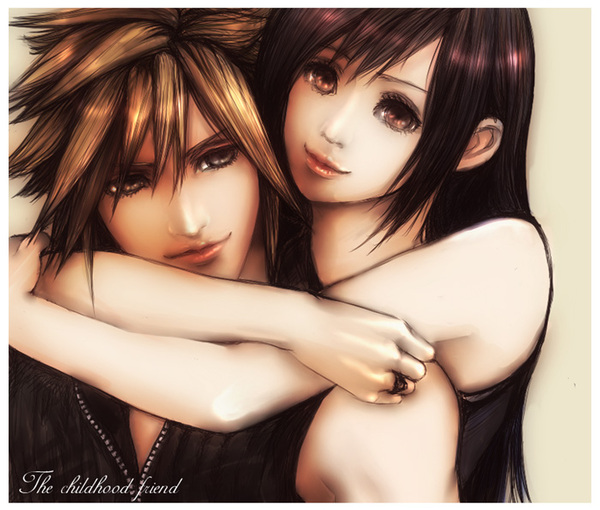 co-ro, cloud strife, tifa lockhart, final fantasy, final fantasy vii, image sample, pixiv sample, resized, 1990s (style), black hair, blonde hair, couple, retro artstyle, smile