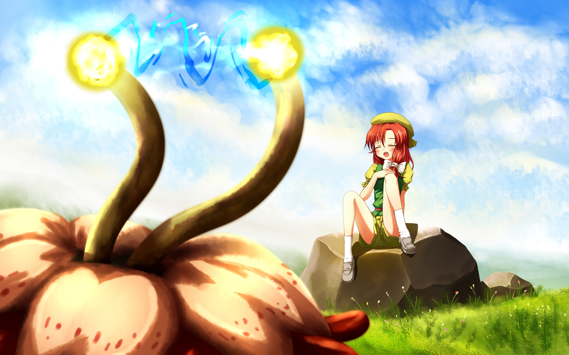 mille, orange (touhou), lotus land story, touhou, touhou (pc-98), highres, 1girl, closed eyes, cloud, day, electricity, female focus, flower, grass, hat, orange hair, red hair, ribbon, shorts, sitting, sky, solo