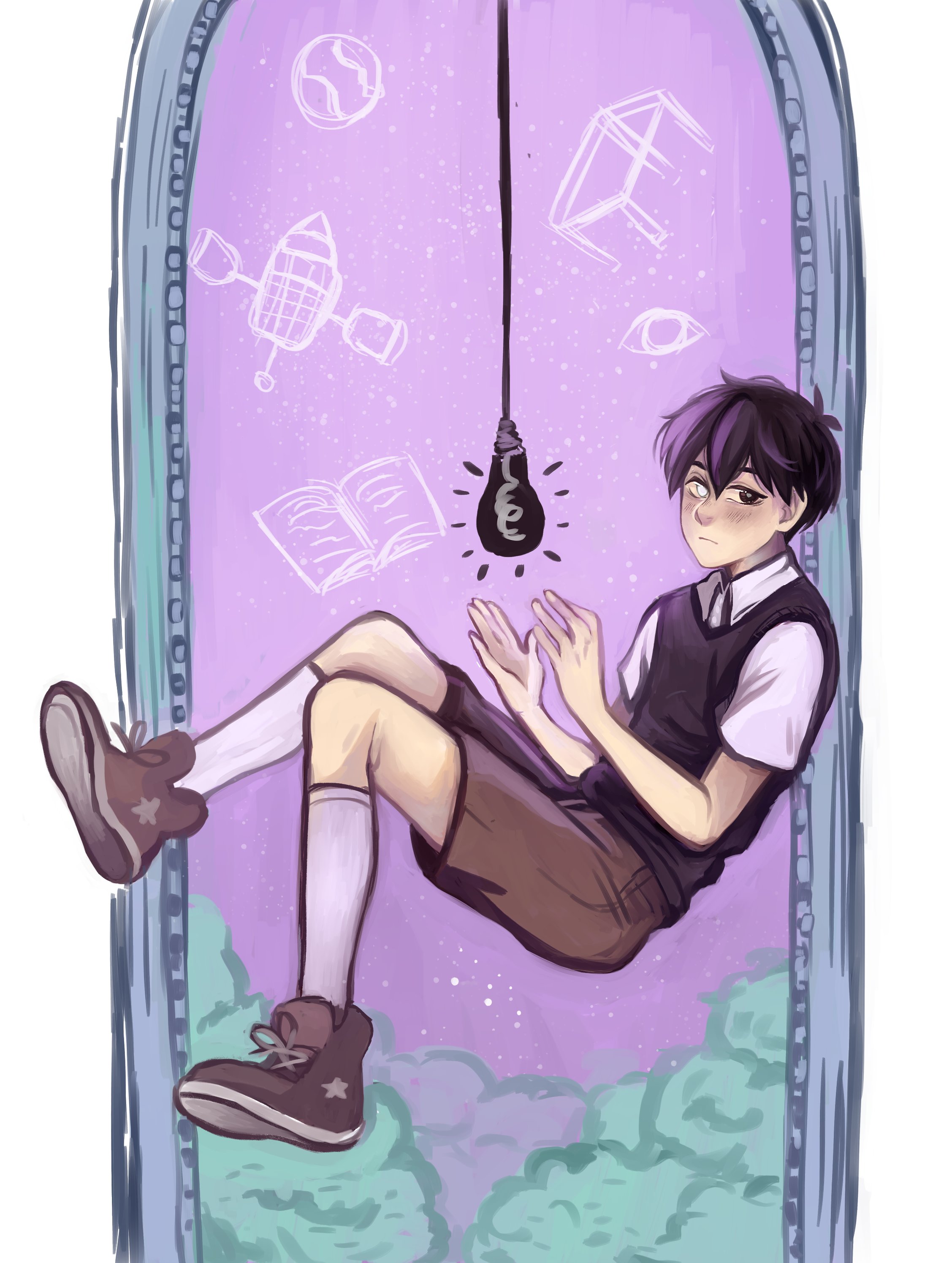 mikhamii, sunny (omori), omori, absurdres, commentary, english commentary, highres, spoilers, 1boy, antenna hair, black eyes, black sweater vest, blush, bright pupils, brown shoes, brown shorts, closed mouth, collared shirt, double-parted bangs, full body, grey eyes, hair between eyes, heterochromia, light bulb, looking at viewer, male focus, shirt, shoes, short hair, short sleeves, shorts, socks, solo, sweater vest, white pupils, white shirt, white socks