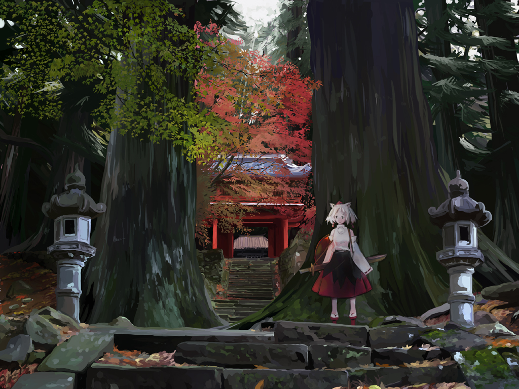takanashi akihito, inubashiri momiji, touhou, light, 1girl, female focus, forest, geta, hat, nature, red hat, scenery, shrine, sky, smile, solo, stone lantern, sword, temple, tengu-geta, tree, weapon