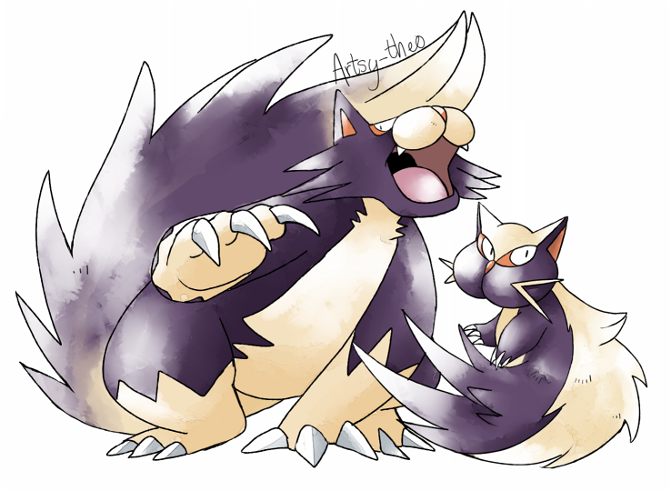 artsy-theo, skuntank, stunky, nintendo, pokemon, commentary, english commentary, artist name, claws, evolutionary line, fangs, gen 4 pokemon, no humans, pokemon (creature), purple fur, signature, simple background, tail, two-tone fur, white background, white fur