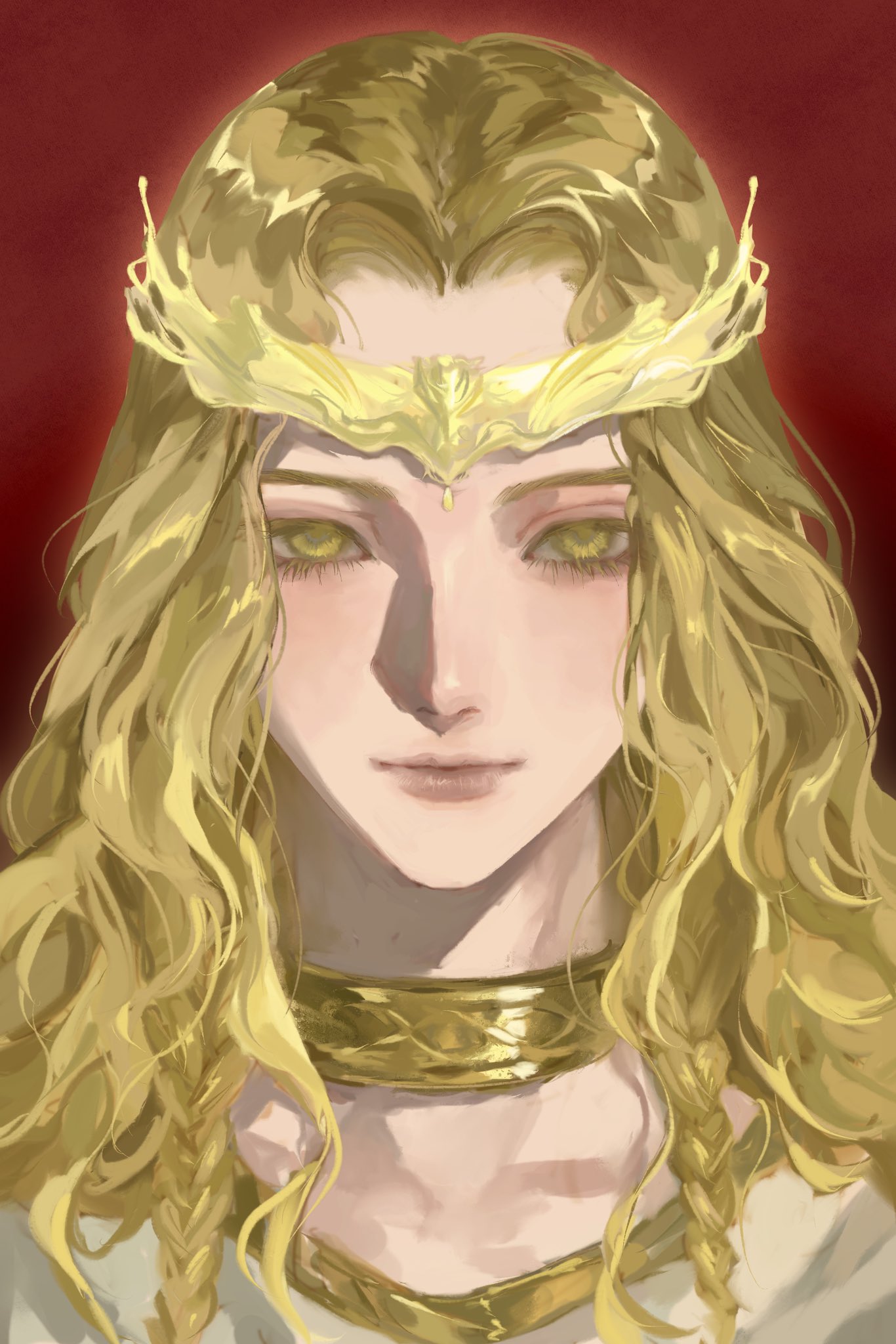 enxy, miquella (elden ring), elden ring, commentary, english commentary, highres, 1boy, blonde hair, braid, closed mouth, crown, gold choker, light smile, long hair, male focus, parted lips, portrait, red background, shirt, solo, twin braids, upper body, wavy hair, white shirt, yellow eyes