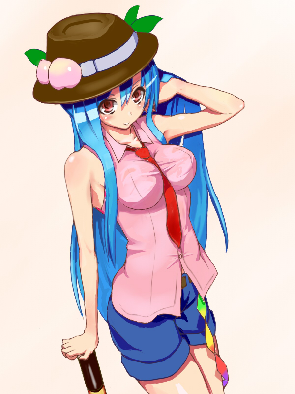 okaki, hinanawi tenshi, touhou, bad id, bad pixiv id, 1girl, alternate costume, blue hair, breasts, casual, contemporary, female focus, hat, impossible clothes, impossible shirt, long hair, necktie, shirt, sleeveless, solo