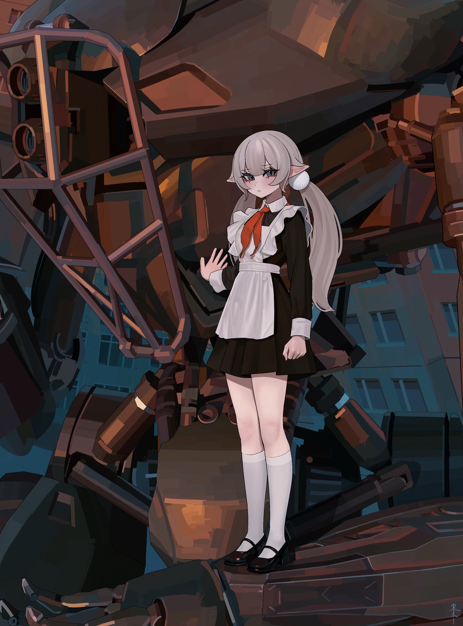 kiriyaukiyoe, original, highres, 1girl, apron, blonde hair, collared dress, dress, frilled apron, frills, grey eyes, laika (kiriyaukiyoe), long hair, looking at viewer, mecha, neckerchief, pleated dress, pointy ears, red neckerchief, robot, russian commentary, school uniform, shoes, skindentation, socks, solo, soviet school uniform, standing, twintails, very long hair, white socks