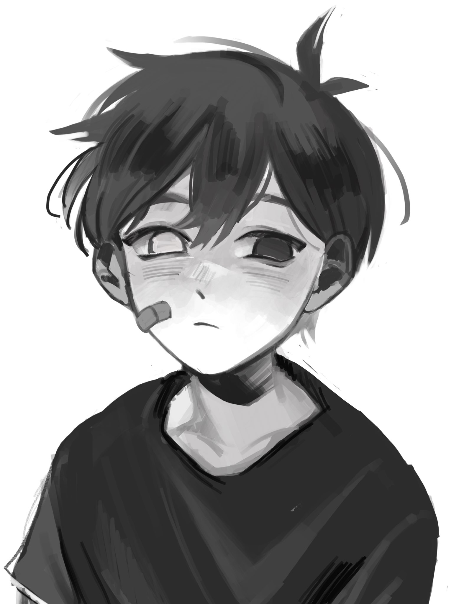 mikhamii, sunny (omori), omori, commentary, highres, spoilers, symbol-only commentary, 1boy, alternate costume, antenna hair, bandaid, bandaid on cheek, bandaid on face, closed mouth, expressionless, greyscale, heterochromia, looking at viewer, monochrome, shirt, short hair, short sleeves, simple background, solo, t-shirt, upper body