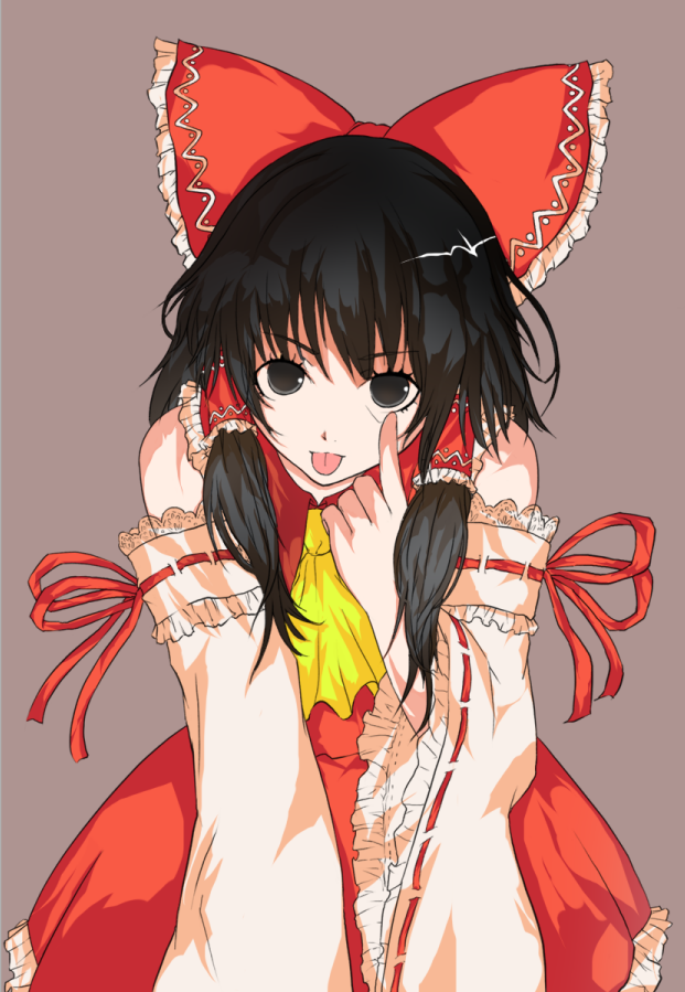 tokano, hakurei reimu, touhou, bad id, bad pixiv id, 1girl, black eyes, black hair, bow, detached sleeves, female focus, hair bow, japanese clothes, long hair, miko, simple background, solo, tongue