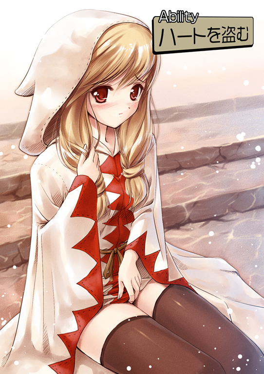 miyase mahiro, white mage (fft), white mage (final fantasy), final fantasy, final fantasy tactics, white mage, translated, 1girl, black thighhighs, blonde hair, blush, braid, female focus, gameplay mechanics, hood, long hair, red eyes, robe, sitting, snow, snowing, solo, stairs, thighhighs, twin braids, zettai ryouiki