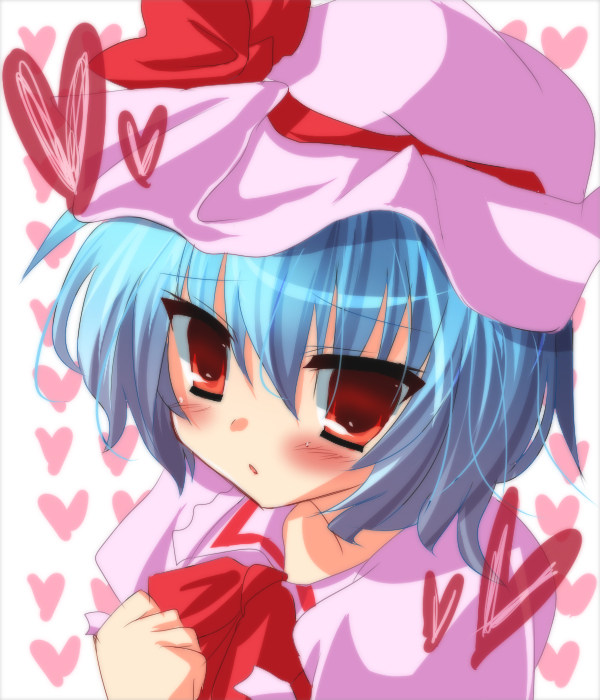 nemokochi, tetsu tissue, remilia scarlet, touhou, bad id, bad pixiv id, 1girl, blue hair, blush, female focus, hat, heart, portrait, red eyes, short hair, simple background, solo