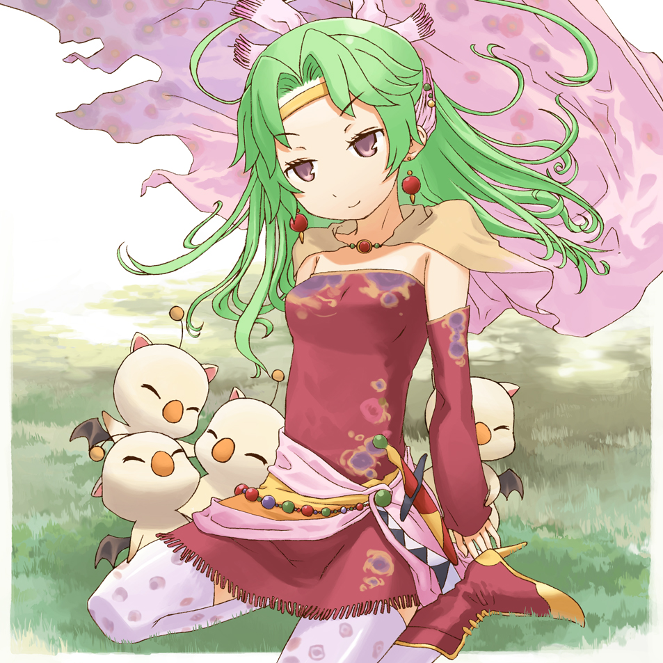 buntan, nanhoe76, moogle, tina branford, final fantasy, final fantasy vi, 1990s (style), boots, cape, dagger, detached sleeves, dress, earrings, grass, green hair, hair down, headband, high heels, jewelry, knife, long hair, miniskirt, pantyhose, pink ribbon, ponytail, purple eyes, retro artstyle, ribbon, sheath, sheathed, shoes, sitting, skirt, smile, thighhighs, tiara, wariza, weapon, wings