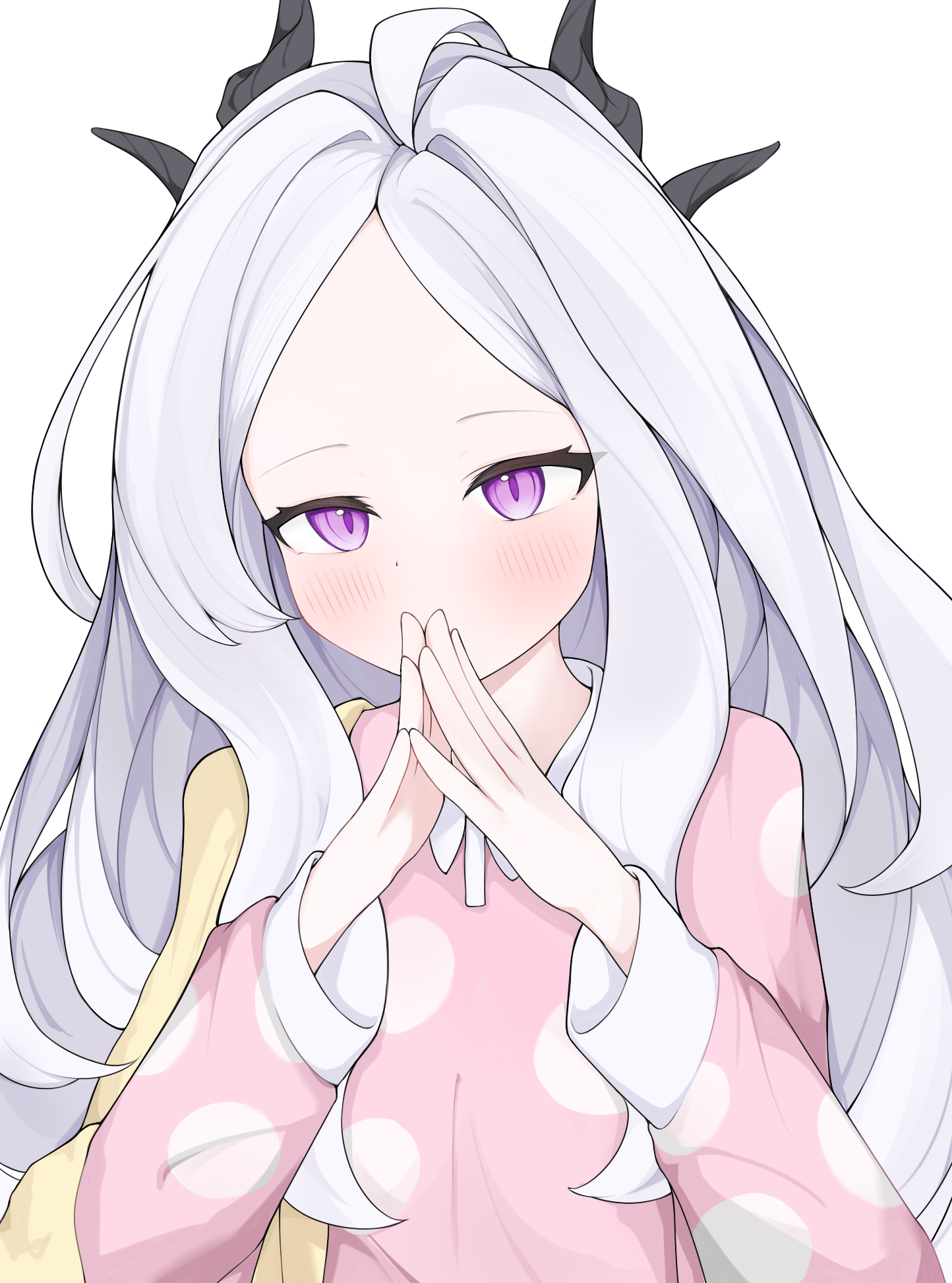 nanairo (nanana color), hina (blue archive), hina (pajamas) (blue archive), blue archive, commentary request, highres, 1girl, ahoge, blush, breasts, demon girl, demon horns, horns, jacket, long hair, looking at viewer, pajamas, pink pajamas, polka dot, polka dot pajamas, purple eyes, simple background, small breasts, solo, upper body, very long hair, white background, white hair, yellow jacket