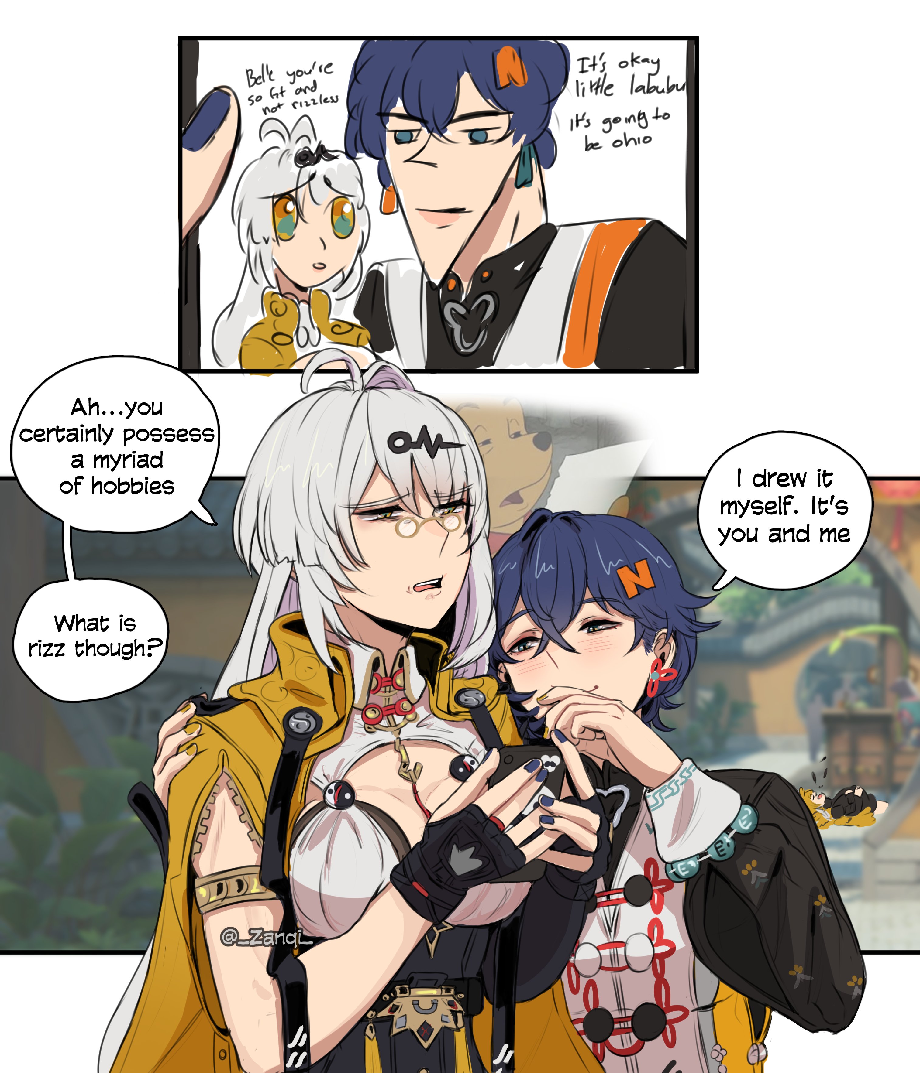 zanqi, belle (delicate sunlight) (zenless zone zero), belle (zenless zone zero), ju fufu, yixuan (zenless zone zero), zenless zone zero, absurdres, commentary, english commentary, highres, 3girls, ahoge, armlet, asymmetrical gloves, black gloves, black unitard, blue hair, blue nails, blurry, blurry background, blush, breasts, chinese clothes, cleavage, closed mouth, crossed bangs, dress, dress over shirt, earrings, elbow gloves, english text, fingerless gloves, game screenshot background, glasses, gloves, hair between eyes, hair ornament, hairpin, half-closed eyes, hand on another's shoulder, holding, holding phone, jacket, jewelry, large breasts, letter hair ornament, long hair, looking at another, looking at phone, lying, multiple girls, official alternate costume, on back, open mouth, orange dress, phone, round eyewear, screenshot background, short hair, single elbow glove, single hair intake, smile, speech bubble, squinting, twitter username, uneven gloves, white hair, yellow jacket, yin yang pin, yuri