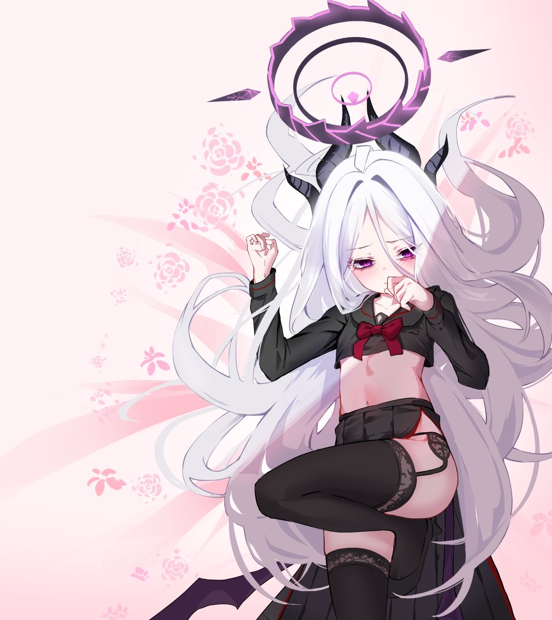 miho (user7939139), hasumi (blue archive), hina (blue archive), blue archive, commentary request, highres, 1girl, ahoge, black halo, black thighhighs, blush, breasts, demon girl, demon horns, demon wings, flower, halo, horns, long hair, looking at viewer, low wings, navel, purple eyes, red flower, red ribbon, red rose, ribbon, rose, small breasts, solo, thighhighs, thighs, very long hair, white hair, wings