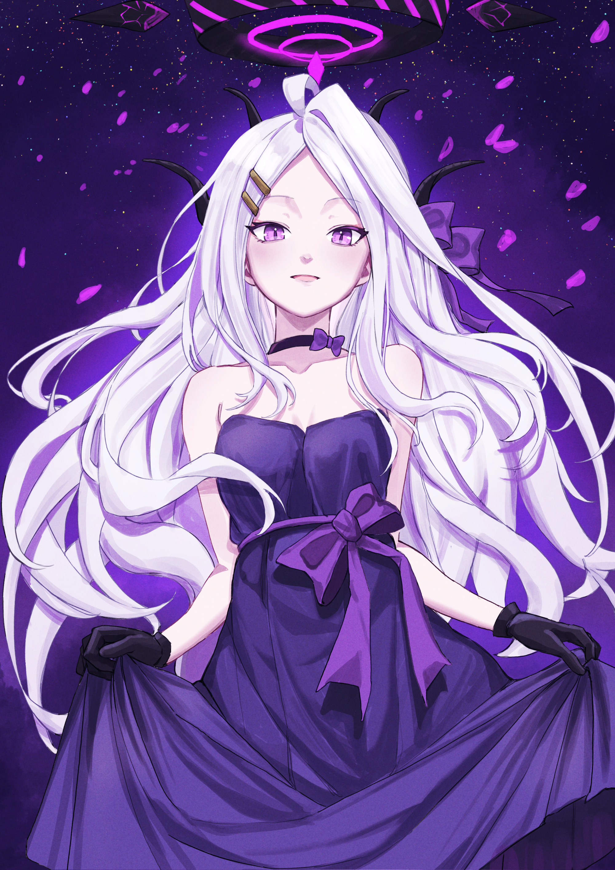 ahneato, hina (blue archive), blue archive, absurdres, commentary request, highres, 1girl, black gloves, black halo, breasts, clothes lift, demon girl, demon horns, dress, gloves, halo, horns, looking at viewer, purple dress, purple eyes, small breasts, solo