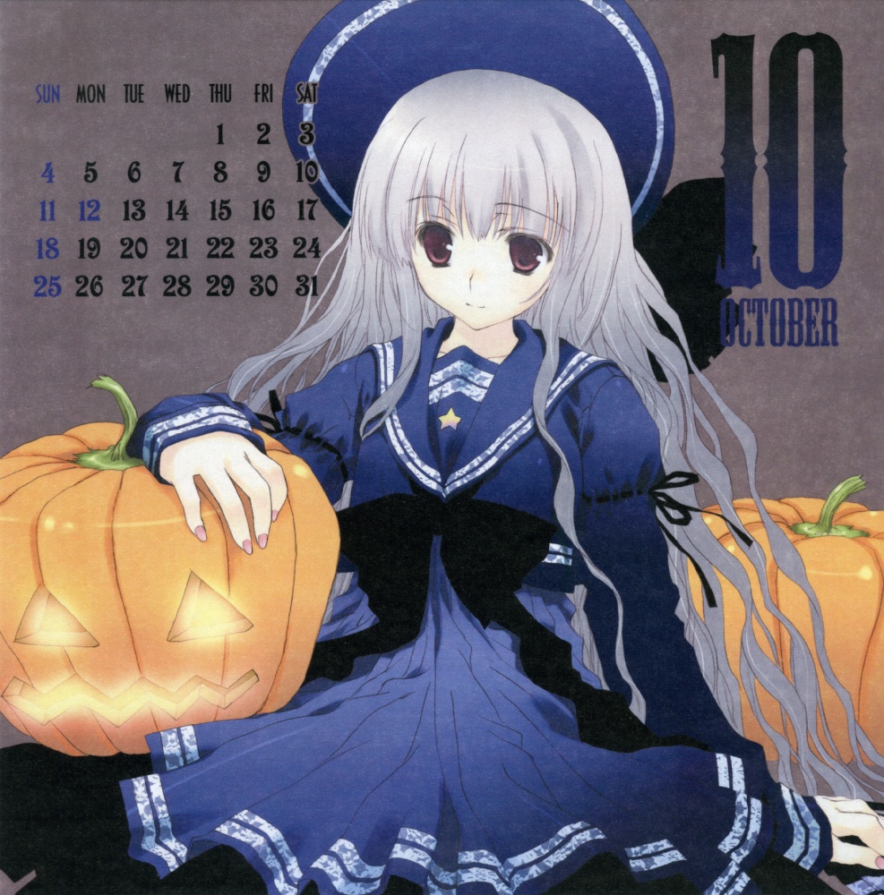 mitsumi misato, silver hair, 1girl, calendar, female focus, grey background, hat, jack-o'-lantern, october, pumpkin, solo