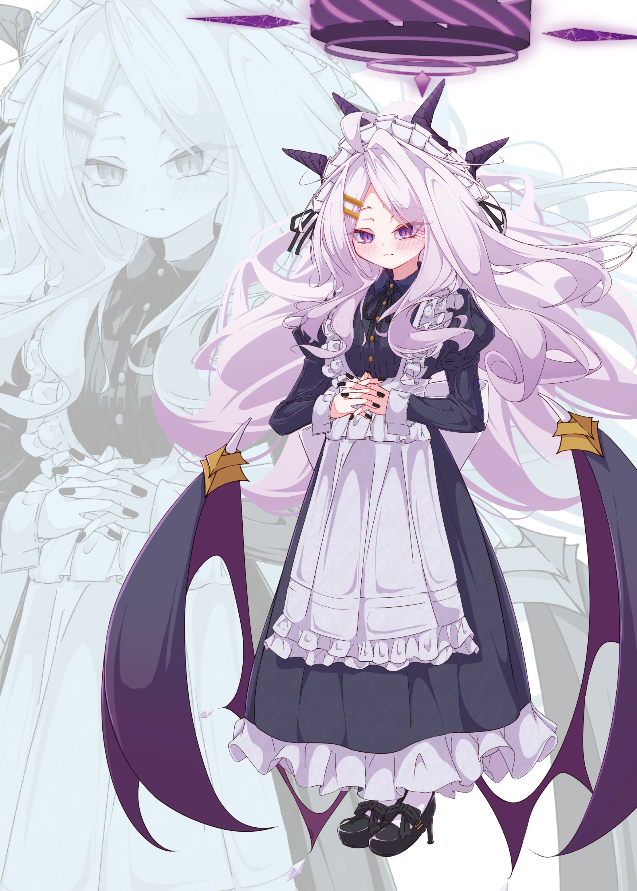 qwamatono999, hina (blue archive), blue archive, absurdres, commentary request, highres, 1girl, ahoge, black halo, blush, breasts, demon girl, demon horns, demon wings, full body, halo, horns, long hair, looking at viewer, low wings, maid, maid headdress, purple eyes, small breasts, solo, standing, very long hair, white hair, wings