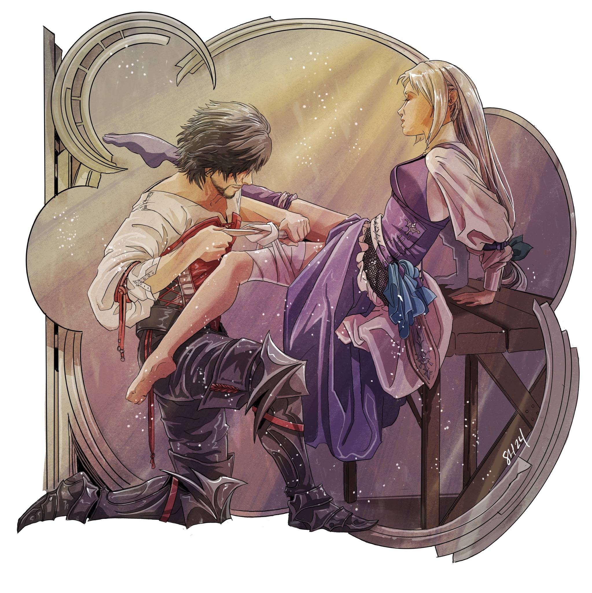 clive rosfield, jill warrick, final fantasy, final fantasy xvi, commentary, english commentary, highres, 1boy, 1girl, armored boots, bandaged leg, bandages, barefoot, beard, black boots, black hair, black pants, blue dress, boots, border, couple, dress, facial hair, full body, grey hair, grey thighhighs, hair ribbon, hetero, layered skirt, leaning back, long hair, low-tied long hair, on one knee, pants, red vest, ribbon, shirt, shochmonster, short hair, sitting, skirt, thighhighs, vest, white border, white shirt