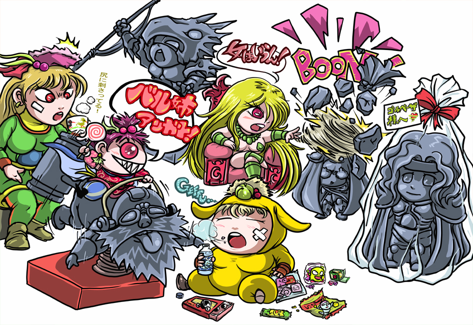 kuu (pixiv582427), sandy, barbariccia, cain highwind, cecil harvey, cid pollendina, cindy, mindy, rosa farrell, final fantasy, final fantasy iv, 1990s (style), bad end, blonde hair, cape, chibi, long hair, petrification, polearm, purple hair, sitting, spear, statue, weapon