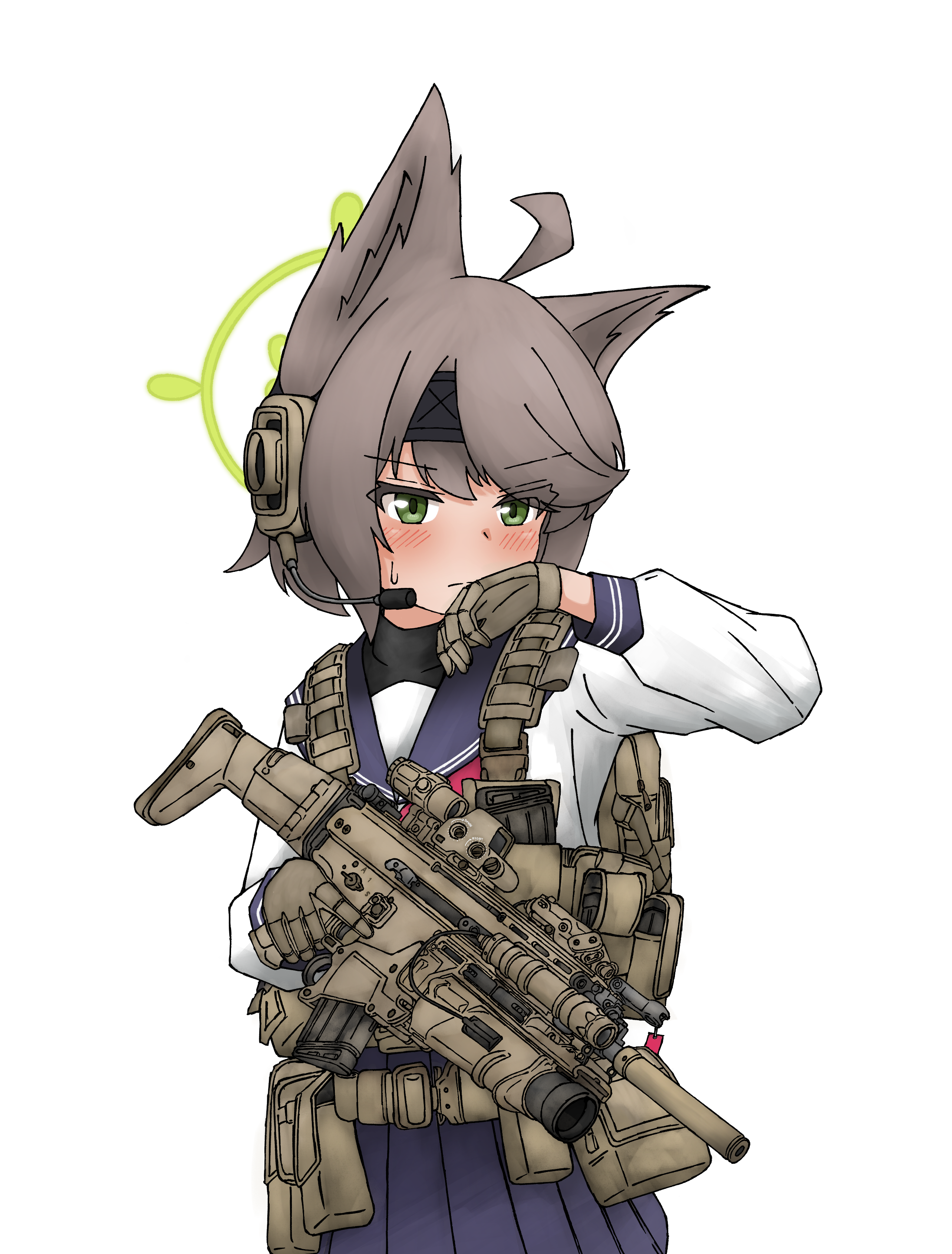 otogichan hshs, otogi (blue archive), blue archive, absurdres, commentary request, highres, 1girl, ammunition pouch, animal ear fluff, animal ears, assault rifle, belt, blue skirt, blush, bulletproof vest, eotech exps3, fn scar 16, furrowed brow, gloves, green eyes, green halo, grey hair, gun, halo, headphones, holding, holding gun, holding weapon, hybrid sight, laser sight, microphone, military, neckerchief, pouch, red neckerchief, rifle, school uniform, shirt, skirt, suppressor, sweatdrop, tactical clothes, tactical school uniform, trigger discipline, weapon, white shirt