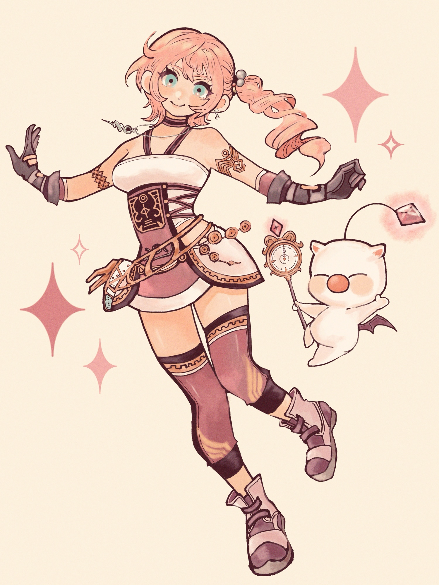 chimney (chimney0311), moogle, serah farron, final fantasy, final fantasy xiii, final fantasy xiii-2, commentary, highres, 1girl, aqua eyes, black gloves, breasts, closed mouth, dot nose, eyelashes, full body, gloves, jewelry, long hair, looking at viewer, medium breasts, necklace, pink hair, sidelocks, smile, solo, sparkle, white background