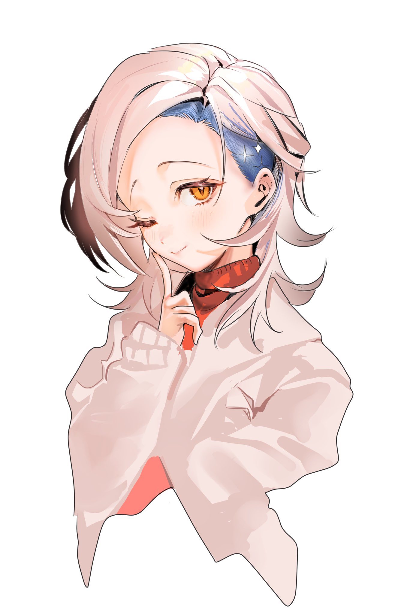 maido mido, character request, copyright request, highres, 1girl, blonde hair, blue hair, blush, closed mouth, eyelashes, finger to cheek, hand in pocket, jacket, long sleeves, medium hair, multicolored hair, one eye closed, open clothes, open jacket, simple background, smile, solo, two-tone hair, undercut, white background, white jacket, yellow eyes