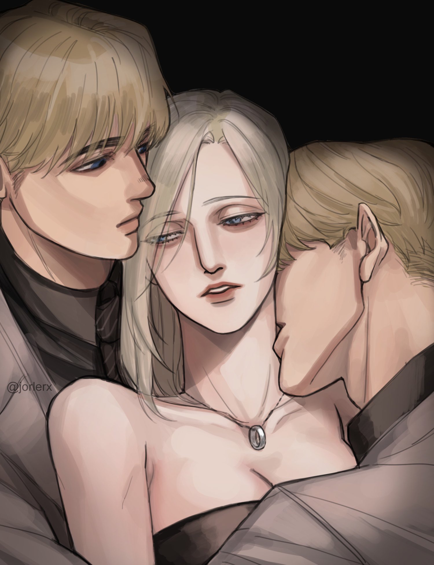 jorlerx, annie leonhart, armin arlert, shingeki no kyojin, highres, 1girl, 2boys, bare shoulders, black background, black dress, black necktie, blonde hair, blue eyes, breasts, cleavage, collarbone, collared shirt, dress, grey jacket, grey shirt, hair between eyes, half-closed eyes, hetero, jacket, jewelry, kiss, kissing neck, medium breasts, medium hair, multiple boys, necklace, necktie, parted bangs, parted lips, ring, ring necklace, shirt, short hair, suit jacket, time paradox, upper body
