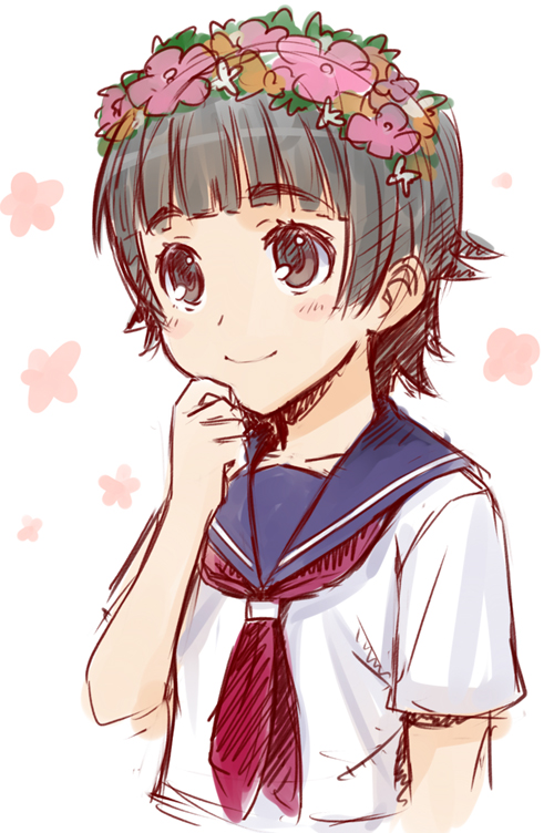 ha-ru, uiharu kazari, toaru kagaku no railgun, toaru majutsu no index, 00s, 1girl, black eyes, black hair, blush, female focus, flower, hair flower, hair ornament, head wreath, school uniform, serafuku, short hair, sketch, smile, solo, white background