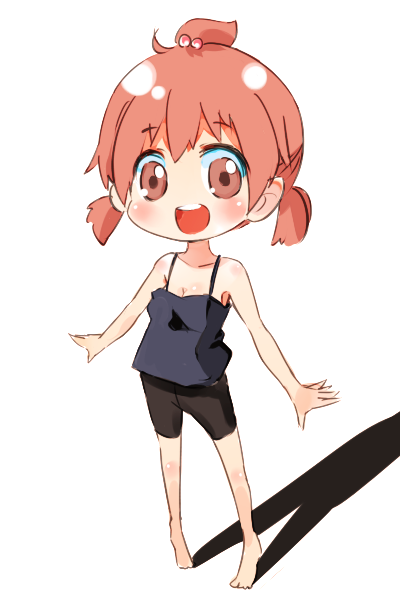 maromi (am97), marui futaba, mitsudomoe (manga), bad id, bad pixiv id, 1girl, barefoot, bike shorts, breasts, brown eyes, brown hair, camisole, chibi, cleavage, feet, female focus, hair bobbles, hair ornament, short hair, small breasts, smile, solo, tank top, toes, tri tails, twintails