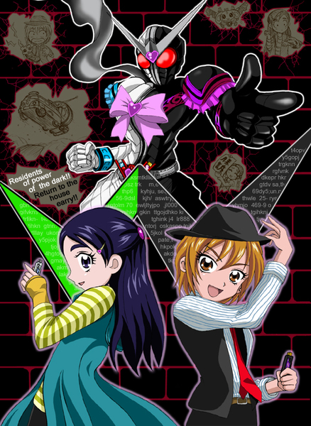 arudebido, hidari shoutarou, kamen rider double, kujou hikari, mepple, mipple, misumi nagisa, philip (kamen rider), philippe, porun, yukishiro honoka, futari wa precure, futari wa precure max heart, kamen rider, kamen rider w, precure, image sample, md5 mismatch, pixiv sample, resolution mismatch, source larger, 2girls, belt, cosplay, english text, engrish text, eyelashes, fusion, hat, hidari shotaro (cosplay), hidari shoutarou (cosplay), motor vehicle, multiple girls, parody, philip, philip (cosplay), philip (kamen rider) (cosplay), philippe (cosplay), ranguage, shirt, striped clothes, striped shirt, van