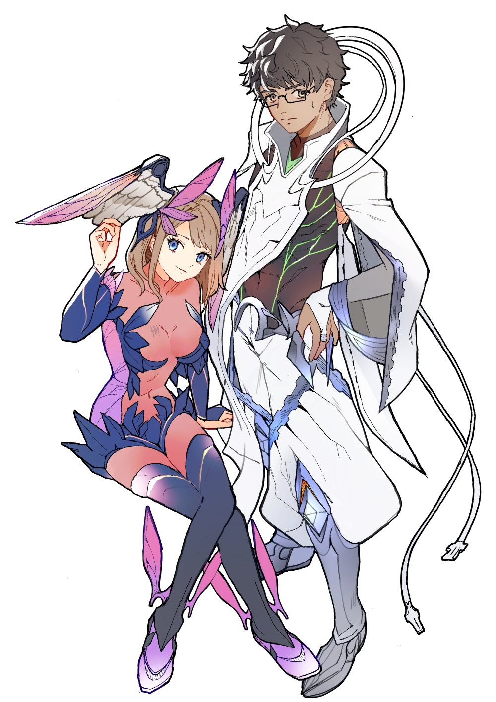 rico ot, eunie (xenoblade), ouroboros (xenoblade), taion (xenoblade), xenoblade chronicles (series), xenoblade chronicles 3, commentary request, highres, 1boy, 1girl, abs, alternate costume, blue eyes, boots, breasts, brown hair, closed mouth, dark-skinned male, dark skin, full body, glasses, hand on own hip, invisible chair, large breasts, long hair, short hair, simple background, sitting, smile, standing, sweatdrop, toned, toned male, white background