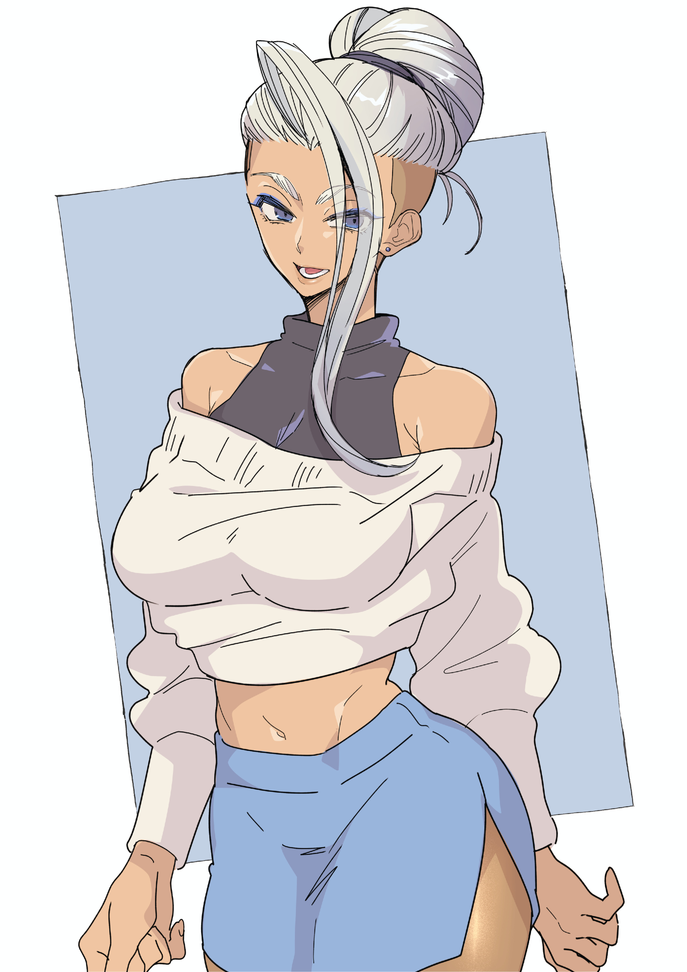 memeo (candy house), character request, commentary request, copyright request, highres, 1girl, bare shoulders, blue eyes, blue eyeshadow, blue skirt, earrings, eyelashes, eyeshadow, jewelry, long sleeves, lower teeth only, makeup, midriff, open mouth, short hair with long locks, simple background, skirt, smile, solo, sweater, teeth, undercut, white hair, white sweater