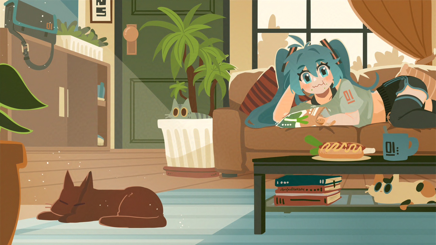 projecttiger, hatsune miku, vocaloid, commentary, english commentary, 1girl, alternate costume, bag of chips, black shorts, black thighhighs, blue eyes, blue hair, book, book stack, cat, chewing, closed mouth, couch, cropped shirt, cup, day, door, eating, grey shirt, hair ornament, head rest, hot dog, indoors, long hair, looking at viewer, lying, mug, no lineart, on couch, on side, plant, potted plant, puffy short sleeves, puffy sleeves, shirt, short sleeves, shorts, solo, spring onion, table, thighhighs, twintails, wide shot, window, wooden floor