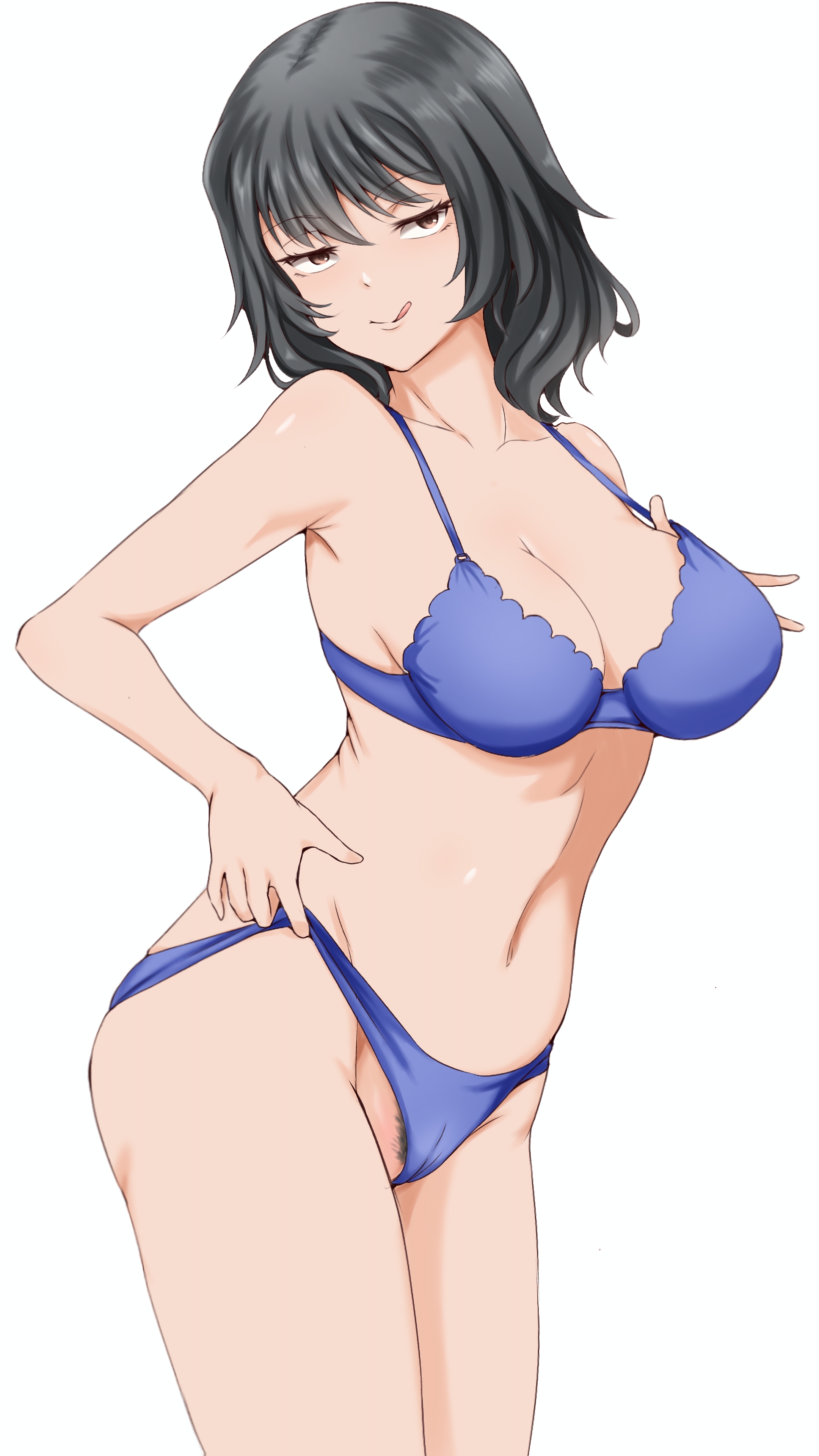 gomi ningen (81848656), andou (girls und panzer), girls und panzer, absurdres, commentary, english commentary, highres, 1girl, bare arms, bikini, black hair, blue bikini, blue bra, blue panties, bra, breasts, cleavage, closed mouth, collarbone, cowboy shot, dark skin, female pubic hair, groin, hair between eyes, large breasts, leaning forward, looking at viewer, medium hair, navel, panties, pubic hair, pubic hair peek, shiny skin, short hair, simple background, skindentation, smile, solo, standing, stomach, strap gap, swimsuit, thighs, tongue, tongue out, underwear, underwear only, white background
