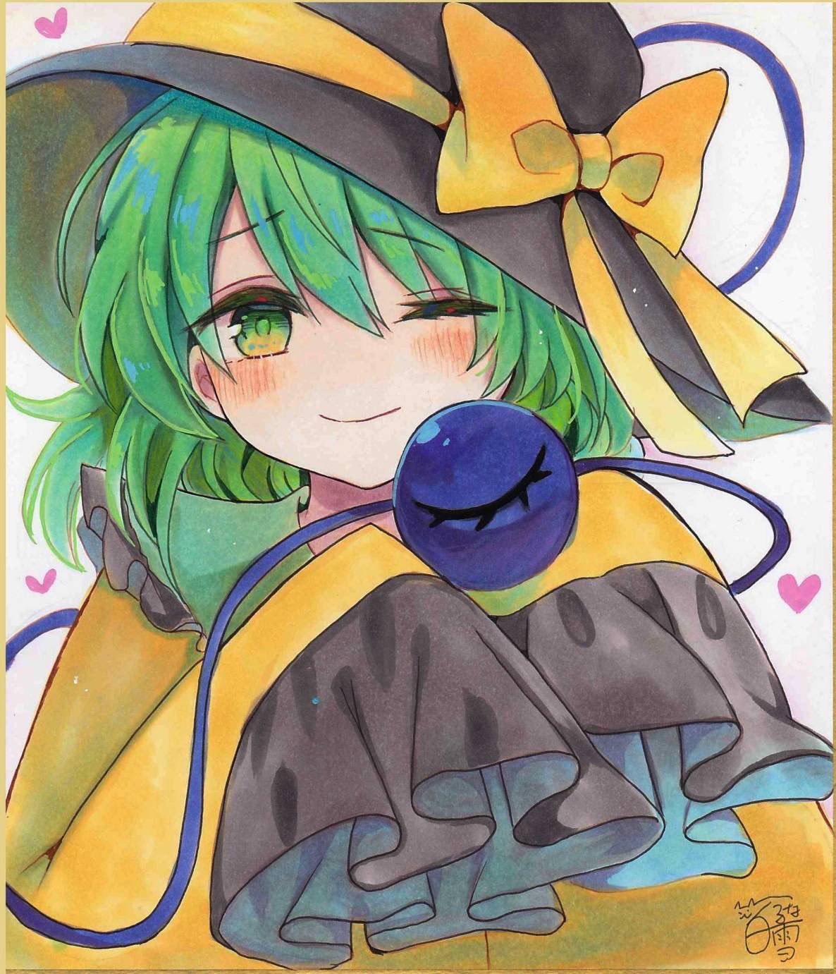 komeiji koishi, touhou, commentary request, highres, traditional media, 1girl, black hat, blush, bow, closed mouth, eyeball, frilled shirt collar, frilled sleeves, frills, green eyes, green hair, hat, hat bow, heart, hoshi tea party, long sleeves, looking at viewer, one eye closed, shikishi, shirt, signature, sleeves past fingers, sleeves past wrists, smile, solo, third eye, yellow bow, yellow shirt
