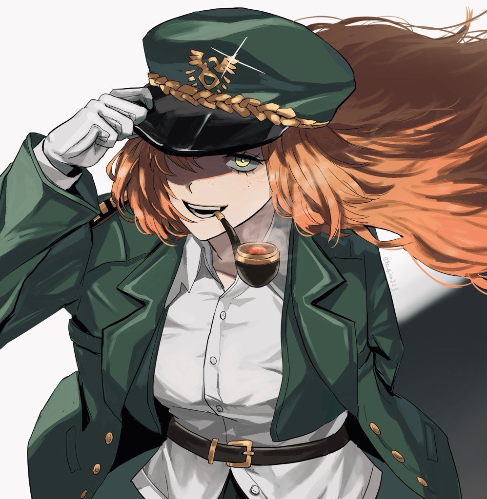 ishmael (project moon), limbus company, project moon, commentary request, 1girl, buttons, coat, collared shirt, eyelashes, floating hair, gloves, green coat, hat, long hair, looking at viewer, open clothes, open coat, orange hair, partially shaded face, peaked cap, pequod (identity) (project moon), shirt, simple background, smile, smoke, smoking, smoking pipe, solo, standing, tsugino223, upper body, white background, white gloves, white shirt, yellow eyes