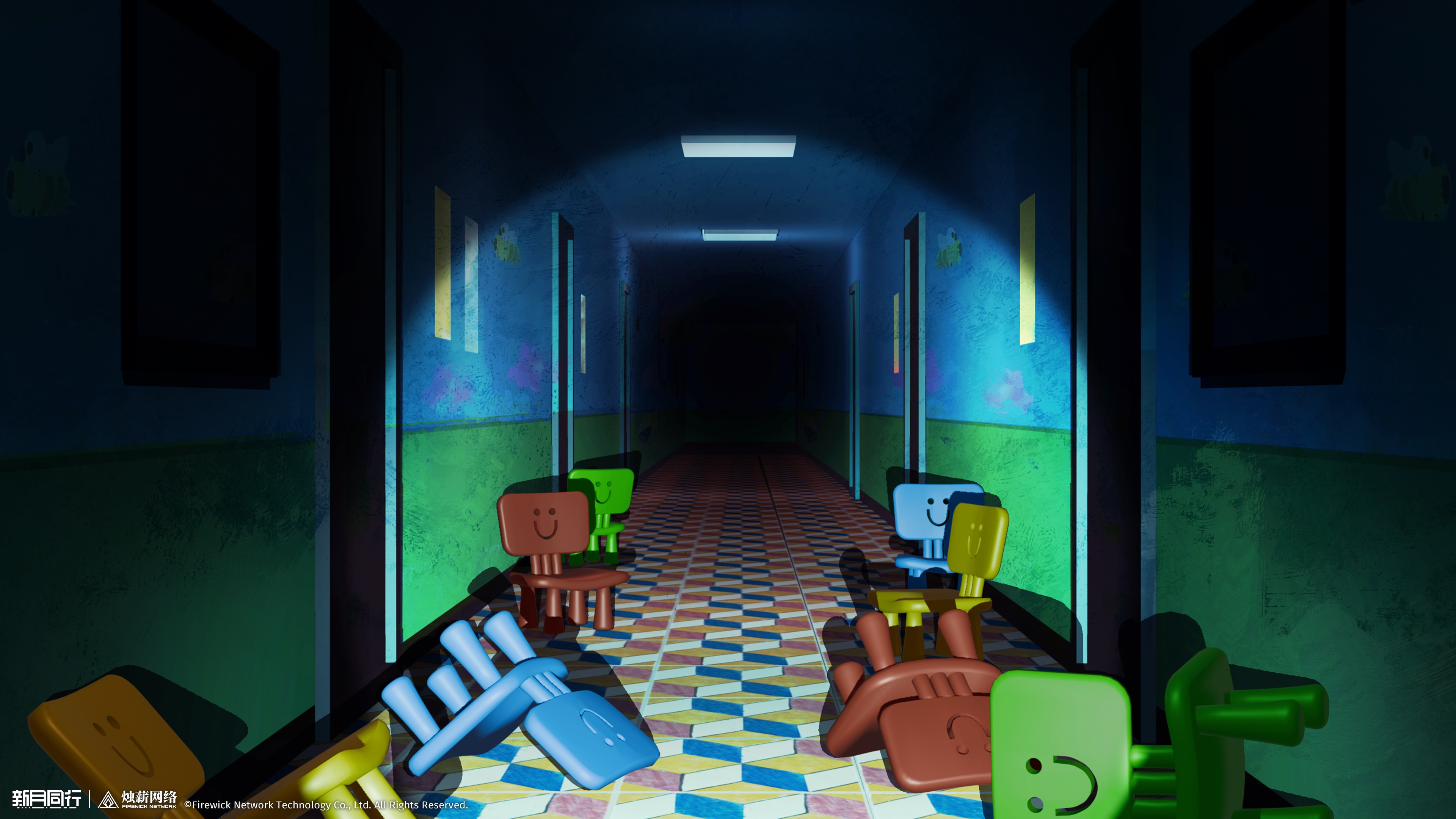 xinyue tongxing, absurdres, highres, official art, official wallpaper, ceiling light, chair, copyright name, copyright notice, dark, door, hallway, logo, no humans, scenery, tile floor, tiles